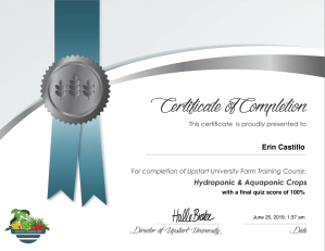 Upstart University Farm Training Hydroponic & Aquaponic Crops Certification for Erin Castillo